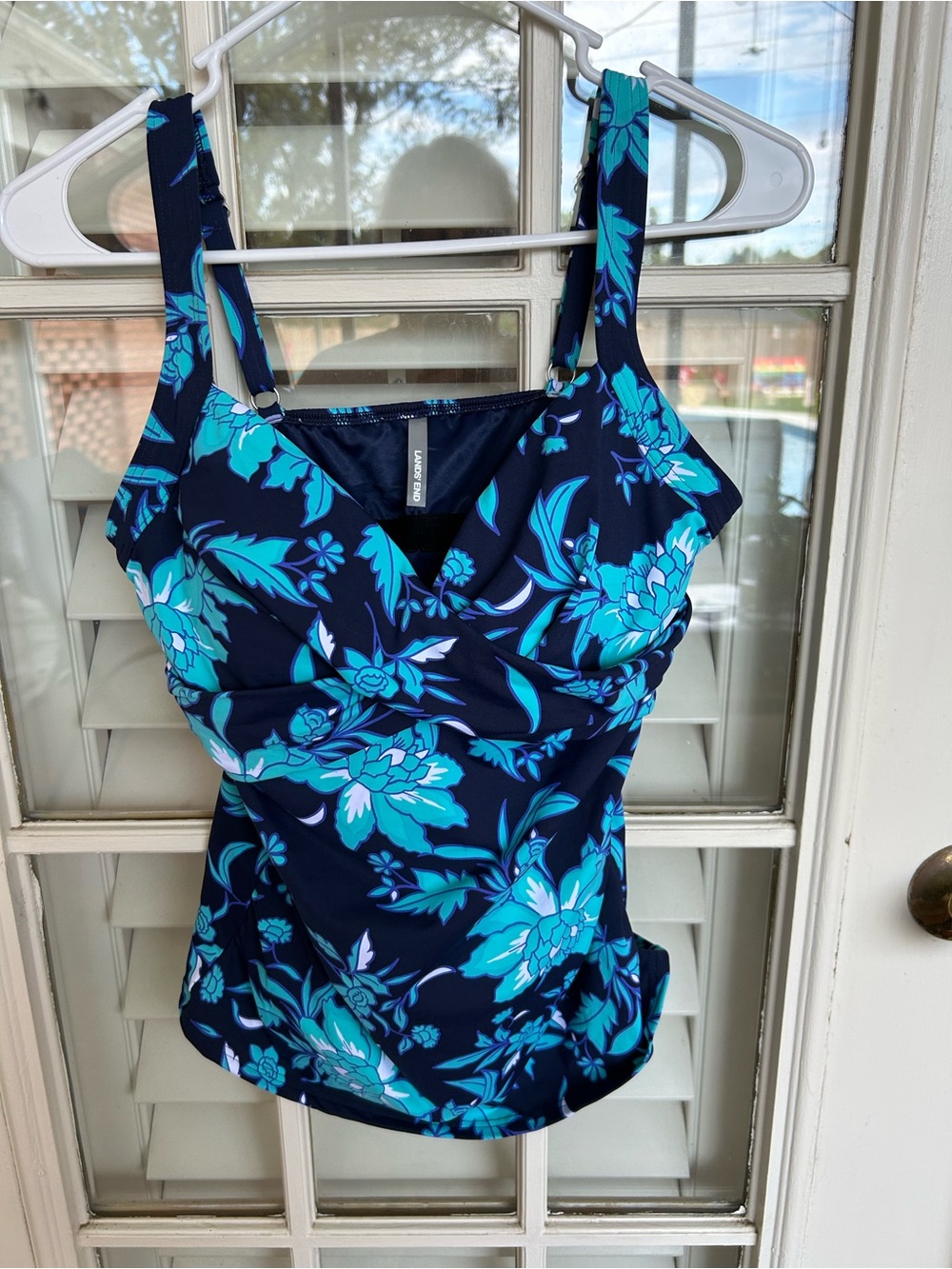 Lands' End Navy Swim Camisole with Teal Floral Print